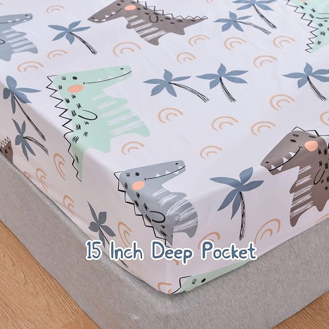 JSD Dinosaur Kids Sheet Set Twin Size, 3 Piece Palm Tree Printed Microfiber Bed Sheets Deep Pocket