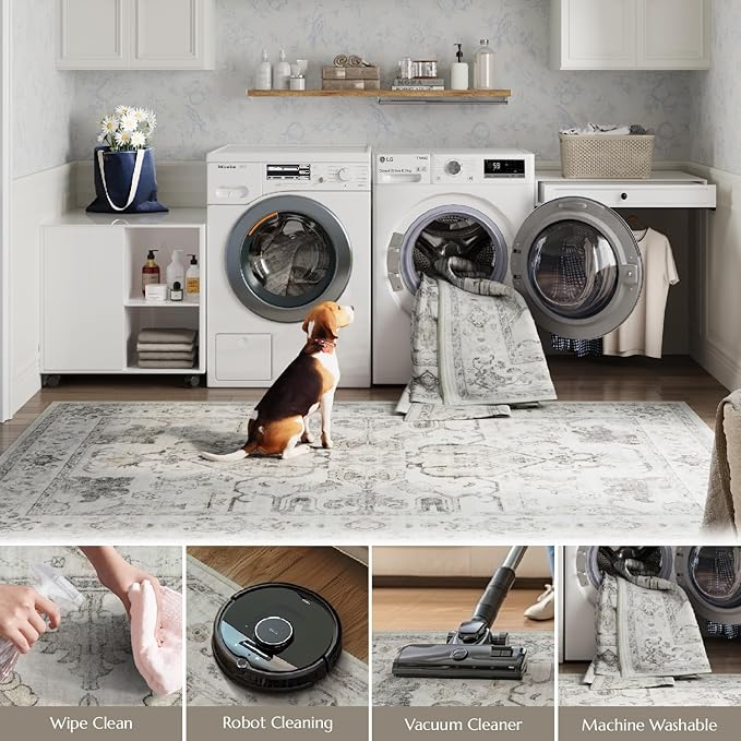 jinchan Hallway Runner Rug 3x8 Machine Washable - Vintage Floral Non-Slip Low-Pile Soft Ultra-Thin Faux Wool Kitchen Rug Distressed Carpet Runner for Farmhouse Bedroom Laundry Room (3x8ft, Taupe)