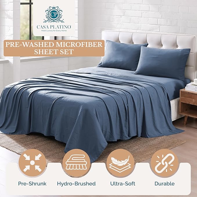 Casa Platino Bedding Sheets & Pillowcases, Pre-Washed Sheet Full Size, Fade Resisitant Cozy Full Size Sheets, 100% Hydro-Brushed Microfiber, Full Sheet fits up to 15 inch Mattress- Estate Blue