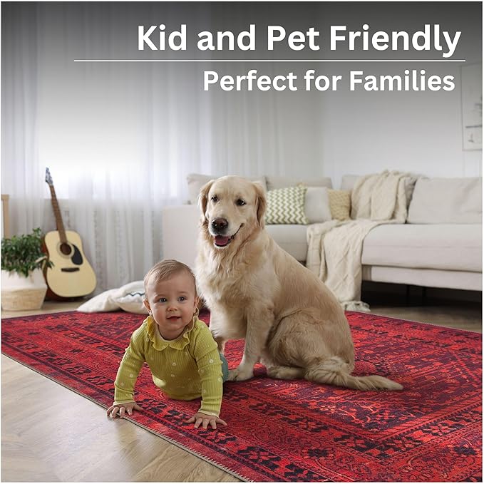 Bloom Rugs Washable Non-Slip 5' x 7' Rug - Red Traditional Bordered Area Rug for Living Room, Bedroom, Dining Room, and Kitchen - Exact Size: 5' x 7'