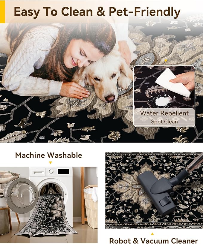 Area Rugs 3'x6' Washable Non-Slip, Floral Vintage Distress Print Pattern Medallion Carpet for Living Room Bedroom Dining Room, Black Brown Neutral Dark Tan