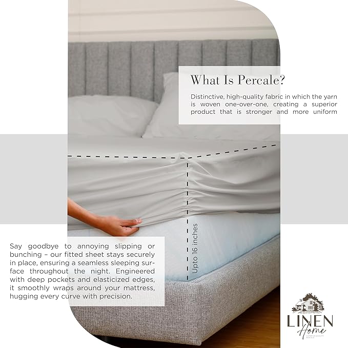 Linen Home 100% Cotton Percale Sheet Set Pack of 2, Queen Size, Silver, Deep Pocket, 8 Pieces Set - 2 Flat, 2 Deep Pocket Fitted Sheet and 4 Pillowcases, Crisp Cool and Strong Bed Linen