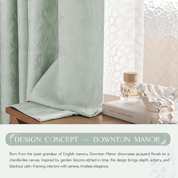 Beauoop Green Floral Jacquard Blackout Curtains 108 Inches Long 2 Panels for Bedroom Living Room Sage Flower Chenille Room Darkening Thermal Soundproof Grommet Window Treatments Drapes, 52x108