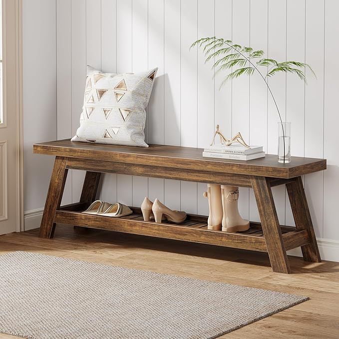 Tribesigns 55" Large Wood Entryway Bench with Shoe Storage, 2-Tier Rustic Brown Narrow Hallway Foyer Seating Bench with Open Shelves for Entryway, Bedroom, Mudroom