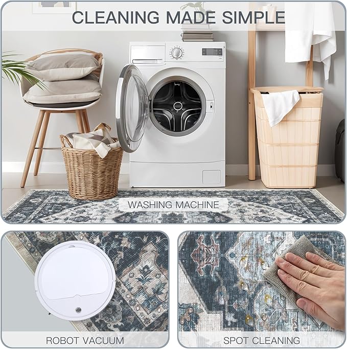4x6 Vintage Washable Area Rug for Living Room,Low Pile Non Slip Carpet Non-Shedding Small Area Rug Soft Indoor Stain Resistant Rug Floral Print Mat for Bedroom Dining Room Blue Beige