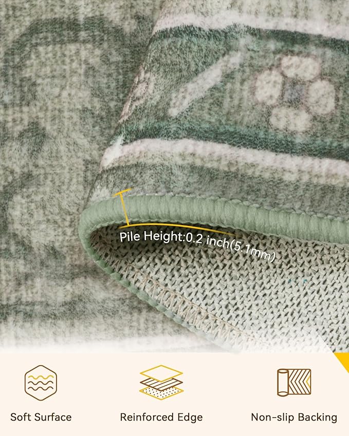 Area Rugs 2'x4' Washable Non-Slip, Floral Vintage Distress Print Pattern Medallion Carpet for Living Room Bedroom Dining Room, Dark Green Gray