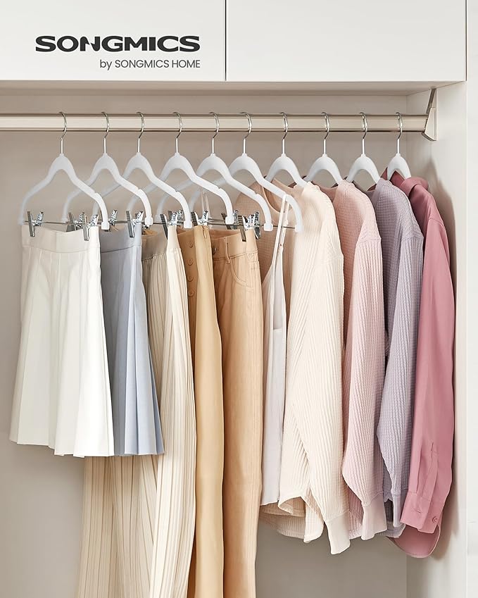 SONGMICS 20-Pack Pants Hangers, 16.7-Inch Long Velvet Hanger with Adjustable Clips, Heavy-Duty, Non-Slip Skirt Hangers, Space-Saving for Pants, Skirts, Coats, Dresses, White UCRF012W20