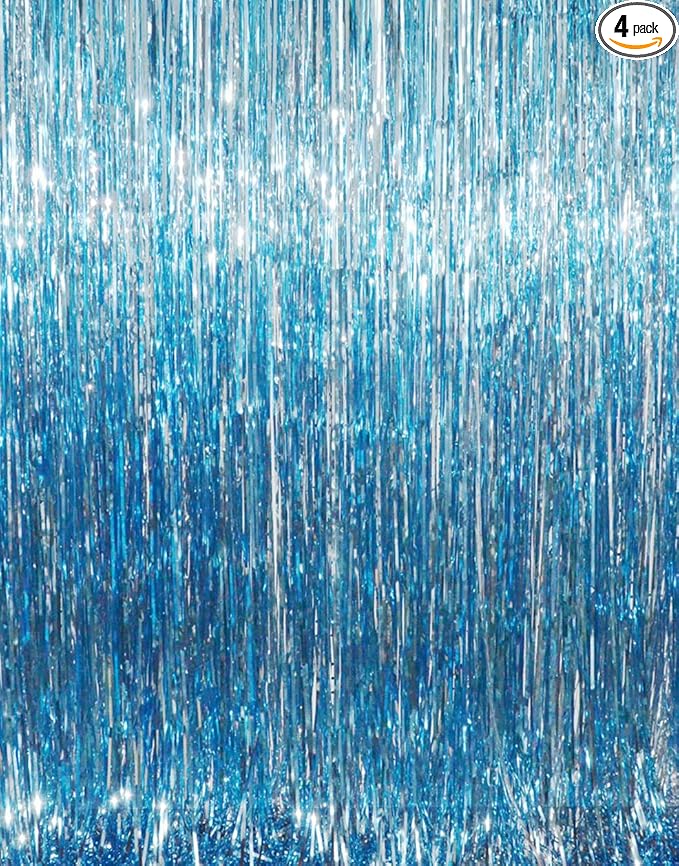GOER 3.2 ft x 8.2 ft Metallic Tinsel Foil Fringe Curtains Party Photo Backdrop Party Streamers for Birthday,Graduation,New Year Eve Decorations Wedding Decor (4 Packs,Blue)