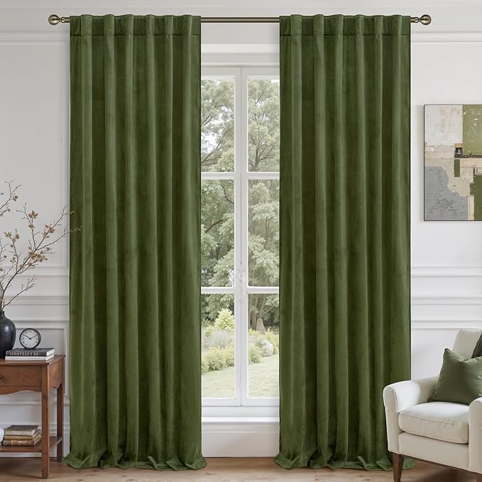 LAMIT Sage Green Velvet Curtains 120 Inch for Living Room, Vintage Thermal Room Darkening Panels Back Tab and Rod Pocket Noise Reducing Drapes for Bedroom/Farmhouse, 2 Panels, 52 x 120 Inch