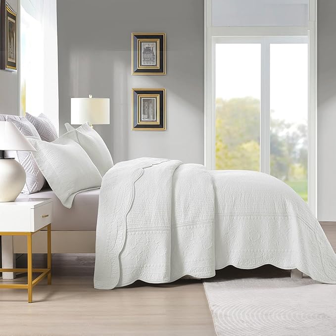 MarCielo 100% Cotton Quilt Set - 3-Piece Embroidered Farmhouse Bedspread & Shams, All-Season Breathable Bedding(TG Bright White,King)
