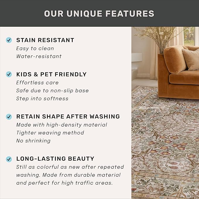 Washable 9x12 Living Room Rug - Moss Brown Floral Area Rug for Dining Room Under Table, Low Pile Non-Slip Floor Carpet for Bedroom Under Bed - Vintage Taupe Olive Design & Stain Resistance