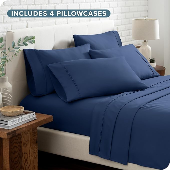Bare Home Hotel Luxury Queen Sheet Set, Extra Soft - 6 Piece Set - Deep Pockets - Easy Fit - Cooling & Breathable - Wrinkle, Fade, Stain Resistant - Includes 4 Pillowcases (Queen, Dark Blue)