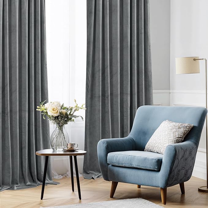 StangH Grey Curtains 108 inches Extra Long Light Blocking Door Curtains Soft Velvet Bedroom Window Curtain Panels for Villa/Hospital/Office, W52 x L108, 2 Panels