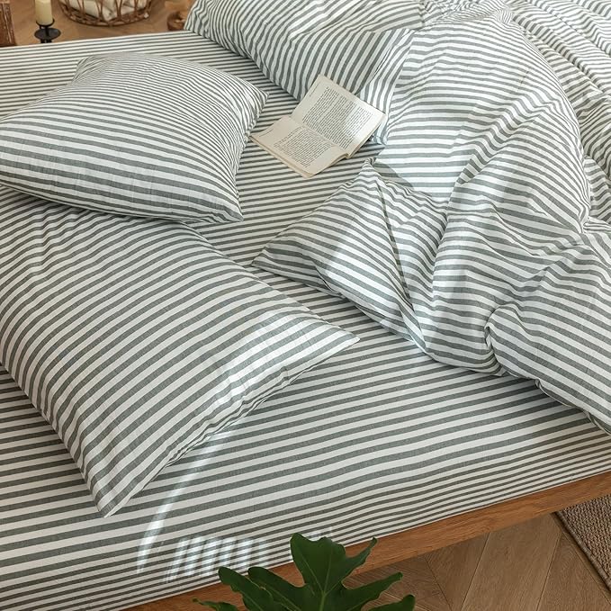 MooMee Striped Duvet Cover Set 100% Washed Cotton Linen Like Textured Breathable Durable Soft Comfy (Heathered Green Classic Stripes, Palatial King/Oversized King 120"x98")