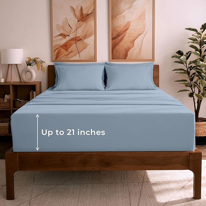 Mellanni Queen Sheet Set - 6-Piece Iconic Collection Bedding, (Including 4 Pillowcases), 21-Inch Extra Deep Pocket, Easy Care, Ultra Soft, Cooling Sheets, Brushed Microfiber - Blue Hydrangea