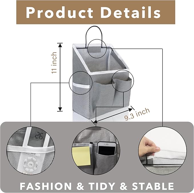 Kanrichu 3pcs Small Wall Hanging Organizer Bag, Linen Fabric Door Hanging Storage Basket with Pockets, Waterproof Bin for Kitchen, Bedroom, Office, RV Camper (Gray)