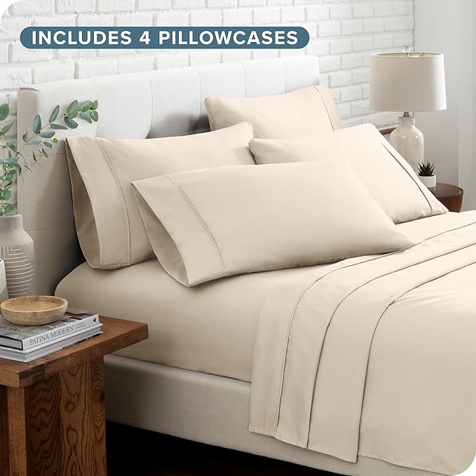 Bare Home Hotel Luxury Split King Sheet Set, Extra Soft - 7 Piece Set - Deep Pockets - Easy Fit - Cooling & Breathable - Wrinkle, Fade, Stain Resistant - Includes 4 Pillowcases (Split King, Sand)
