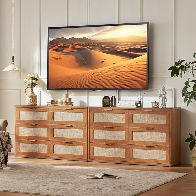 LEYAOYAO Rattan Dresser and Nightstand Sets 3 Piece, Boho Wood Dresser for Bedroom with 6 Drawers and Night Stand with Charging Station, Bedroom Furniture, Dressers & Chests of Drawers, Living Room