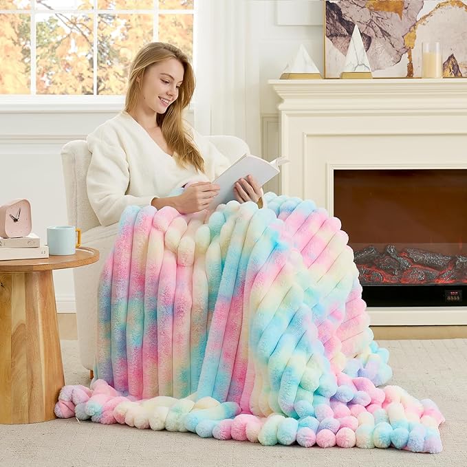 Cozy Bliss Faux Fur Throw Blanket for Couch, Cozy Warm Plush Striped Blanket for Sofa Bedroom Living Room, 60 * 80 Inches Tie-dye Rainbow