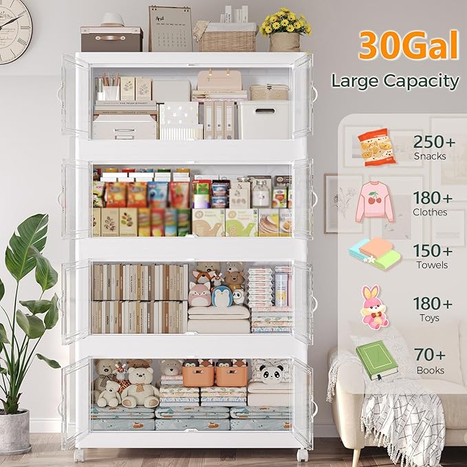 90Gal Stackable Storage Bins with Lid, 360Qt Extra Large Collapsible Storage Box with Doors and Wheels, Plastic Closet Organizer and Storage Cabinet Drawer for Home Kitchen, 3Pack White