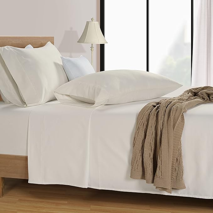 LANE LINEN Bed Sheets Queen Size – Premium 600 Thread Count Long-Staple 100% Cotton Sheets Queen Size Set, Hotel Luxury Soft & Cool Sateen Finish, Fully Elasticized 15" Deep Pocket – Ivory