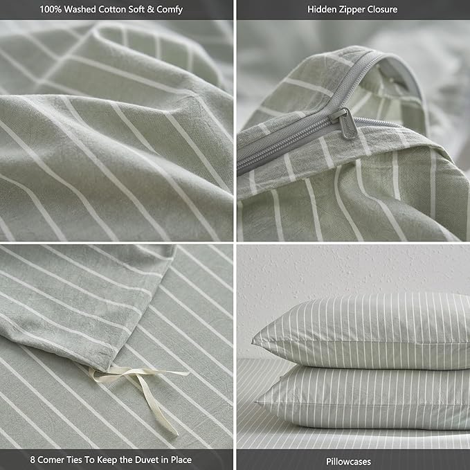 MooMee Striped Duvet Cover Set 100% Washed Cotton Linen Like Textured Breathable Durable Soft Comfy (Sage Green White Wide Stripes, Oversized King Plus 128"x120")