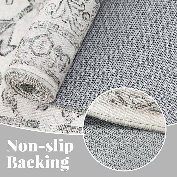jinchan Lima Kitchen Runner Rug 3x8 - Vintage Floral Machine Washable Non-Slip Hallway Runner Rug with Rubber Backing Ultra-Thin Carpet for Bedroom Laundry Room Farmhouse (3x8ft, Grey)