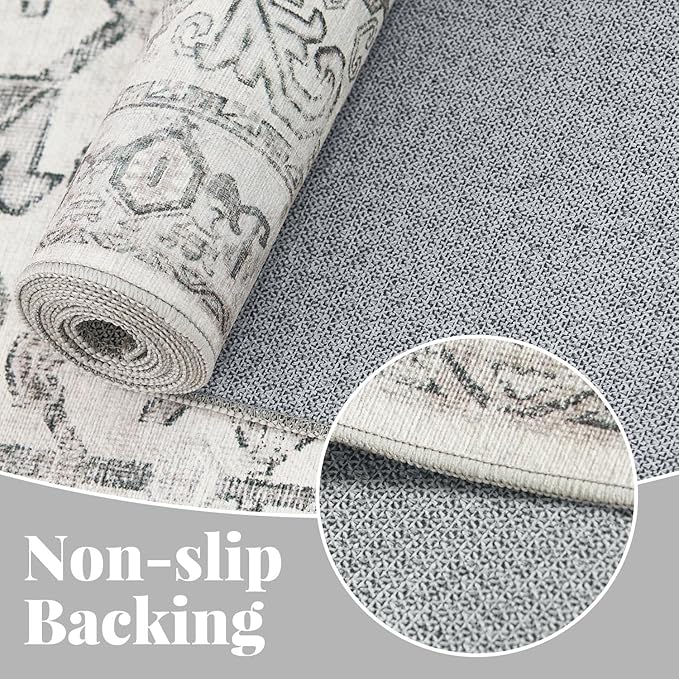 jinchan Lima Round Rug 8ft Vintage Machine Washable Area Rug Indoor Circle 8' Ultra-Thin Non-Slip Floral Print Carpet for Farmhouse Entryway Dining Room Living Room Bedroom Office (8'Round, Grey)