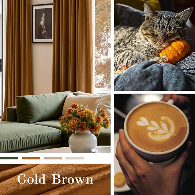 Lazzzy Gold Brown Velvet Curtains 108 Inches Long Blackout Thermal Insulated Room Darkening Lined Curtain Drapes Back Tab Window Treatments for Bedroom Living Room 2 Panels,52 x 108 Inch, Golden Brown