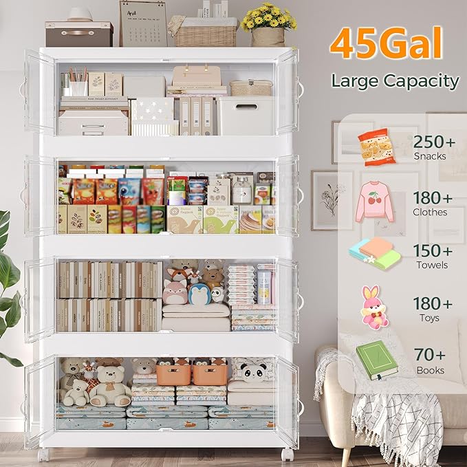 180Gal Stackable Storage Bins with Lid, 720Qt Extra Large Collapsible Storage Box with Doors and Wheels, Plastic Closet Organizer and Storage Cabinet Drawer for Home Kitchen, 4Pack White