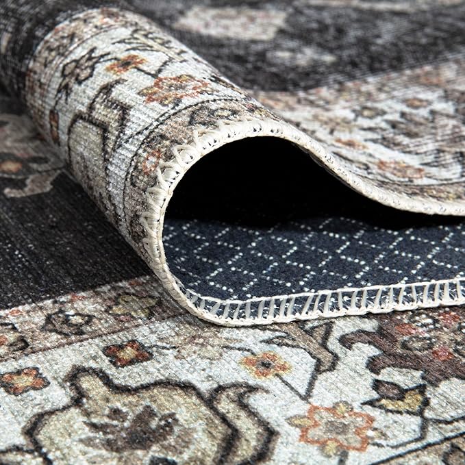 Bloom Rugs Washable Non-Slip 2' x 3' Rug - Black/Ivory Traditional Oriental Area Rug for Living Room, Bedroom, Dining Room, and Kitchen - Exact Size: 2' x 3'