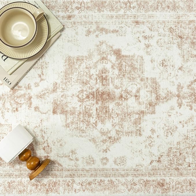 Runner Rug 2x5 Cream Hallway Washable Beige Carpet Non Slip Vintage Medallion Beige Carpet Low Pile Soft Distressed Retro Indoor Long Rug for Entryway Kitchen Bathroom Laundry Bedroom