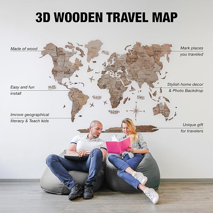 Handmade 3D Wood World Map Wall Art Large Wall Decor Track Your World Travels - Special for Home, Kitchen and Office (X-Large, Terra)