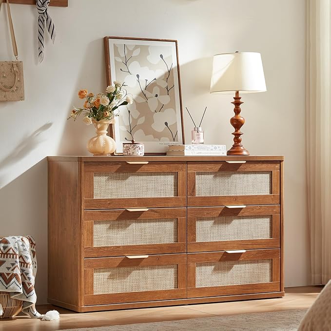 LEYAOYAO Rattan Dresser and Nightstand Set of 2, Boho Wood Dresser for Bedroom with 6 Drawers and Night Stand with Charging Station, Bedroom Furniture, Dressers & Chests of Drawers,Living Room,Hallway