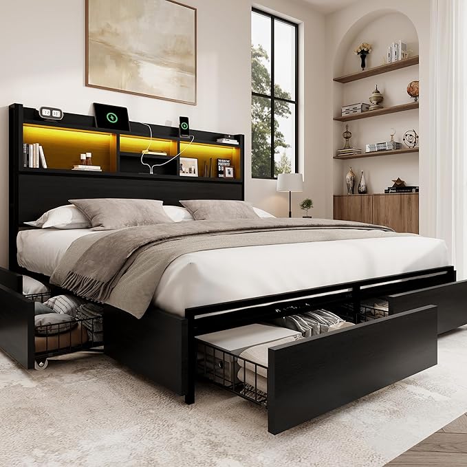 King Storage Bed Frame with 6 Drawers, USB Charging Station, No Noise, No Box Spring Required, Vintage Black Headboard Platform Bed
