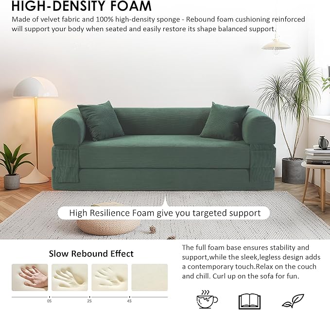 80" Convertible Sofa Bed, Corduroy Deep Seat Folding Pull Out Couch with Pillows, No Assembly Modern Boneless Couch Compression Sofa in Box, Floor Sofa with Storage Pocket for Living Room,Light Green