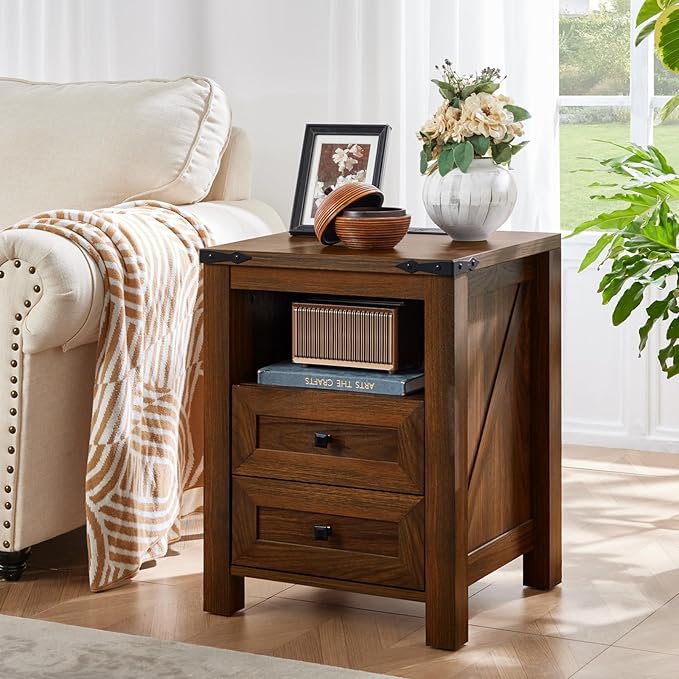 Joaxswe Nightstand with Charging Station and USB Port, Farmhouse Side End Table with 2 Drawers and Open Shelf, Wood Rustic Sofa Table, Bedside Cabinet for Bedroom, Living Room, Closet, Office(Brown)