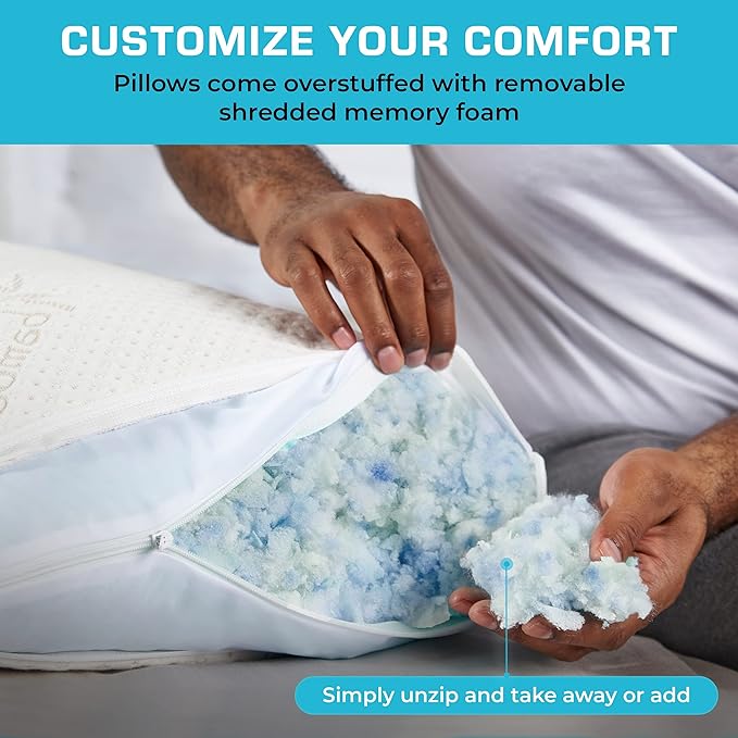 Xtreme Comforts Bed Pillows for Sleeping (2 Pack) | Adjustable Shredded Memory Foam Pillows with Removable Cooling Cover | Fluffy Pillows Support for Side, Back & Stomach Sleepers - Standard Size
