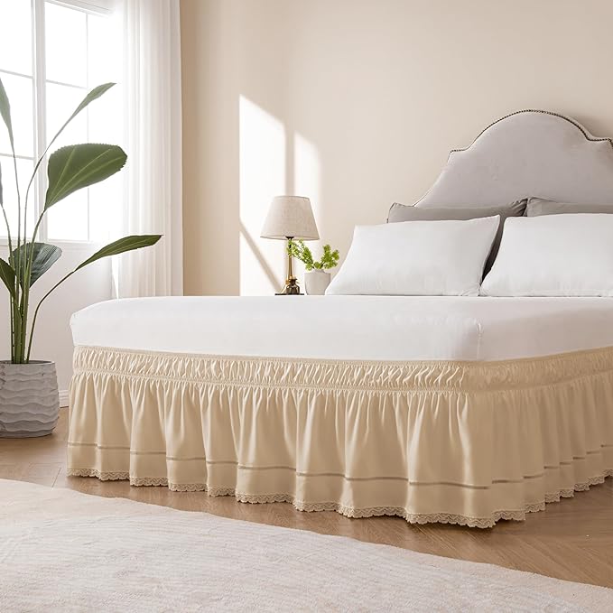 MIYE Wrap Around Ruffled Lace Bed Skirt, Elastic Dust Ruffle with Adjustable Belts, Easy to Put On, Bed Frame Cover, Machine Washable (Floral Lace/Beige, King/Queen-15 Drop)
