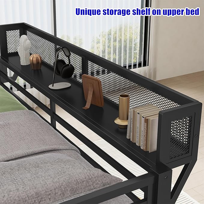 Higher Quality & Stronger Heavy Duty Metal Bunk Bed Frame Queen Over Queen Size for Adults Teens, Thickened More Stable Steel Bunkbed (Queen Over Queen-B)