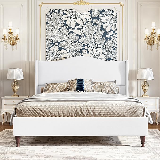 koorlian Queen Size Bed Frame with 51" Tall Headboard, Fully Upholstered Platform Bed Frame with with Soft Fabric, Sleigh Wingback, Solid Wood Retro Legs, Modern Minimalist Style, Easy Assembly, White