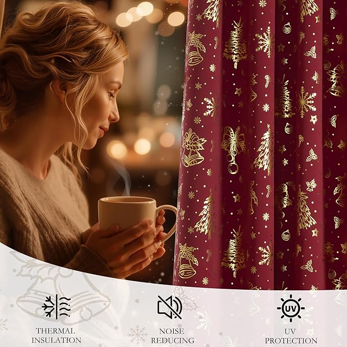 NICETOWN 2 Panels Christmas Red Curtains 52 x 108 Inch, Gold Stamping Grommet Drapes for Holiday Decoration, Christmas Style Window Treatment for Living Room Bedroom, Home Decor