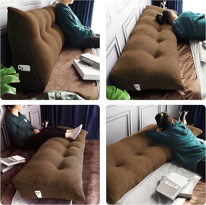 WOWMAX 100% Cotton Corduroy Headboard Pillow – Queen Size Back Support Reading Wedge for Bed & Daybed, Plush Handmade Bolster Cushion with Removable Cover, Cozy Bed Rest Pillow, Coffee