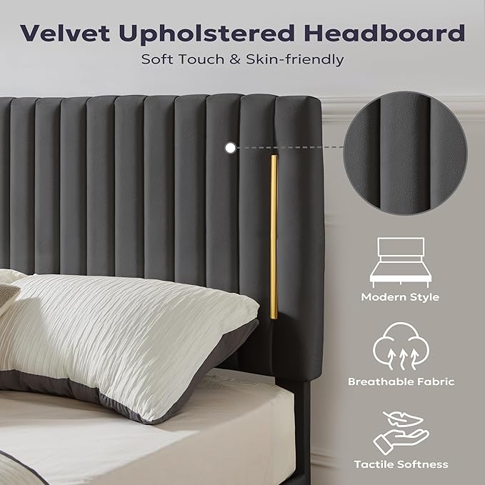Twin Platform Bed Frame, Velvet Upholstered Bedframe with Vertical Channel Adjustable Headboard, Golden Plating Trim, Mattress Foundation with Wooden Slats, No Box Spring Needed, Grey