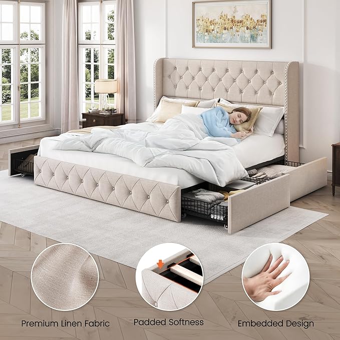 LARMACE King Size Bed Frame with 4 Storage Drawers and Tufted Headboard Linen Upholstered Platform Bed Frame Wingback Beds with Wooden Slats Support, Easy Assembly, Beige