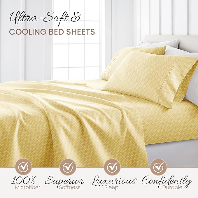 Linen Market Patterned Microfiber Twin Sheet Set 3 Piece – Oeko-TEX Certified Ultra Soft & Wrinkle-Free - 16" Deep Pocket Sheets - Easy Care Twin Size - Honeycomb Yellow