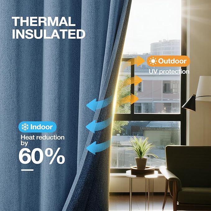 100% Blackout Curtains 80 inch Length 2 Panels Set for Bedroom/Living Room, Linen-Look Textured Full Light Blocking Room Darkening Thermal Insulated Noise Reduction Drapes (W52xL80, Blue)