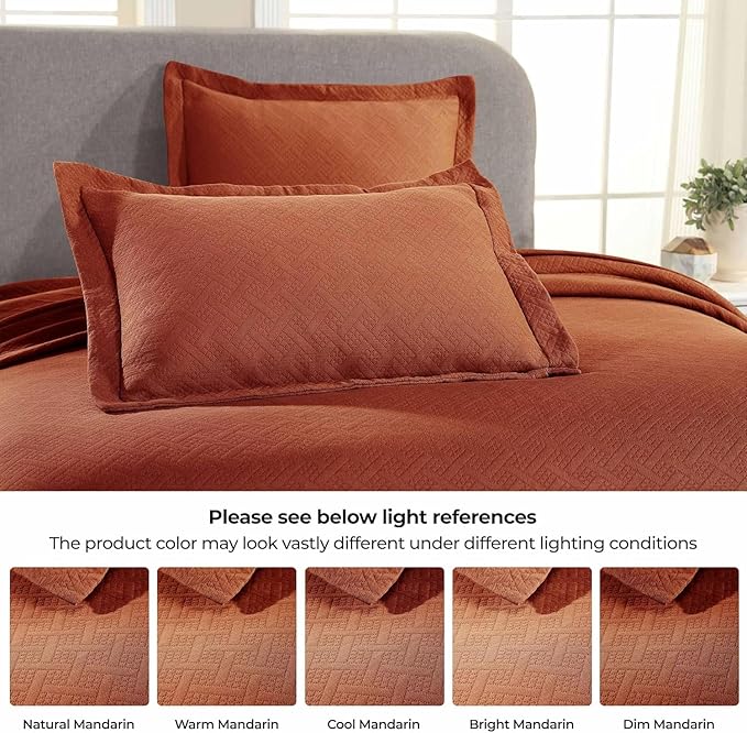 Superior 100% Cotton Basket Weave Bedspread with Shams, All-Season Premium Cotton Matelasse Jacquard Bedding, Quilted-Look Geometric Basket, Twin, Mandarin