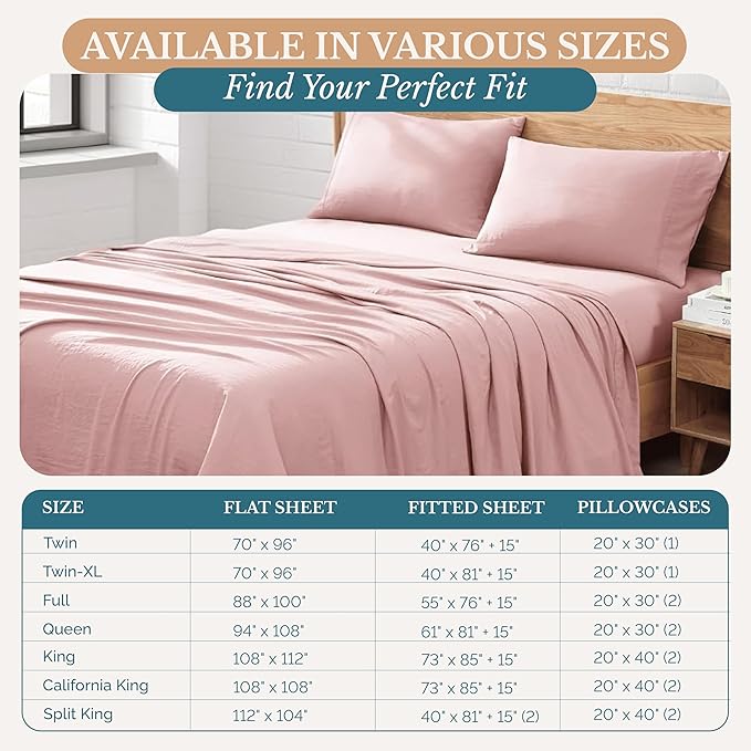 Casa Platino Bedding Sheets and Pillowcases, Pre-Washed Ultra Soft Split King Bed Sheets Set, Hydro-Brushed Microfiber Cooling Split King Size Sheet Set, Deep Pockets - Sepia Rose