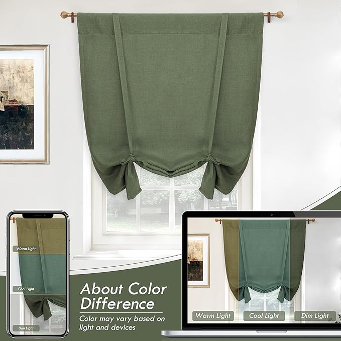 DriftAway Double Layer Linen Blackout Tie Up Curtains Thermal Insulated Fully Lined Balloon Roman Shade Bathroom Window Adjustable Rod Pocket for Small Window 31 Inch by 47 Inch Olive Green